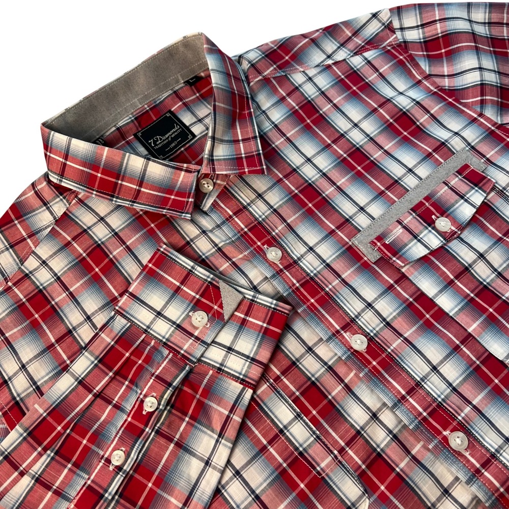 7 Diamonds Red Plaid Button Up Mens Large Long Sleeve Flap Pockets Western